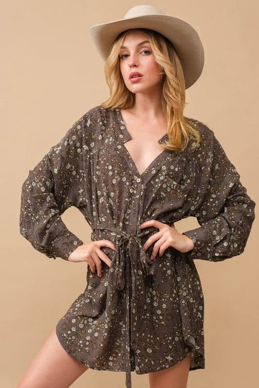 Autumn Bliss Grey Floral Long Sleeve Shirt Dress