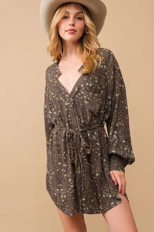 Autumn Bliss Grey Floral Long Sleeve Shirt Dress