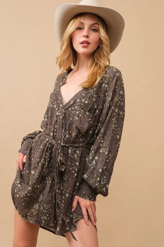 Autumn Bliss Grey Floral Long Sleeve Shirt Dress
