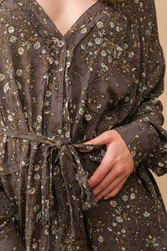 Autumn Bliss Grey Floral Long Sleeve Shirt Dress