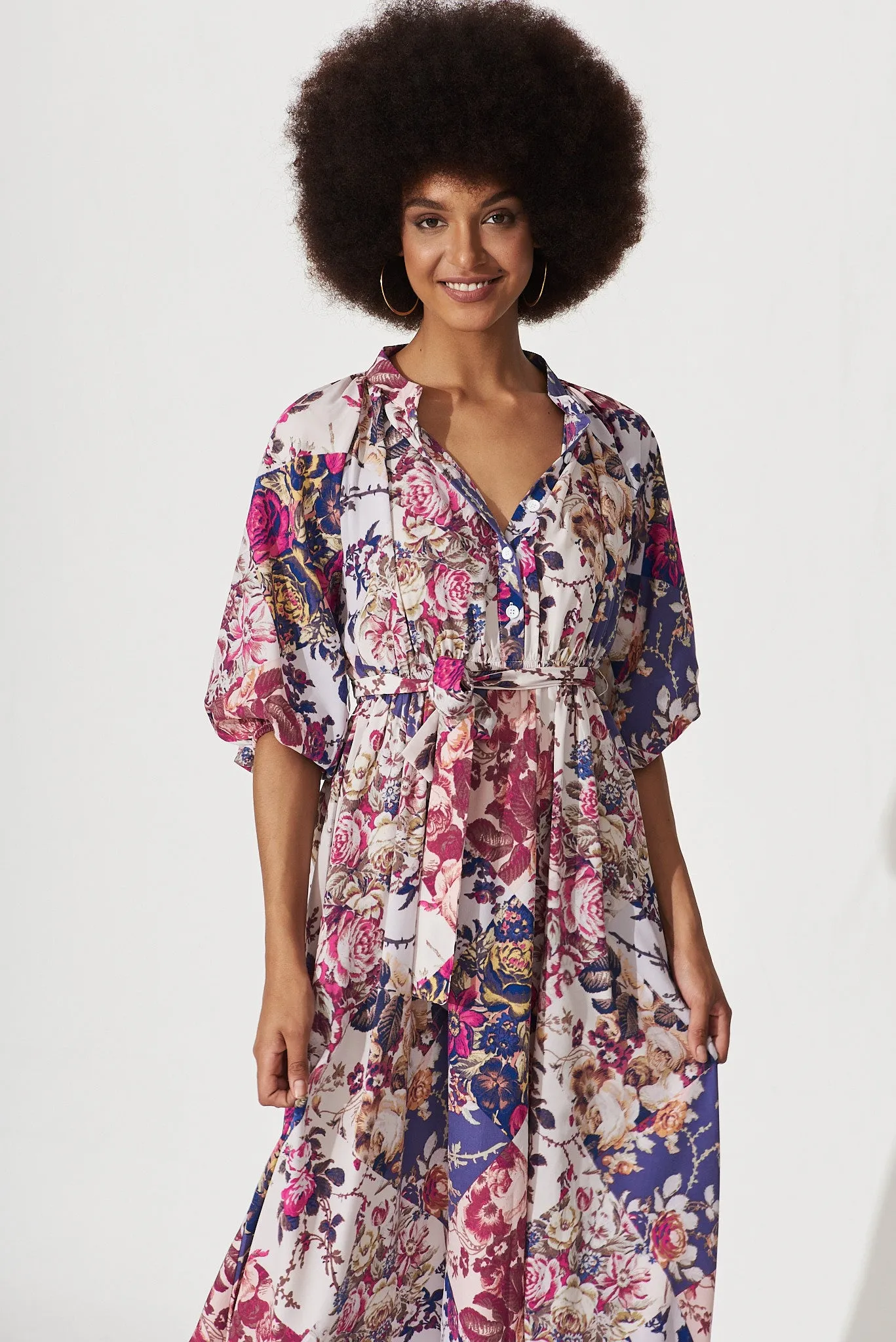Bilgola Midi Shirt Dress In Lilac Patchwork Floral Print