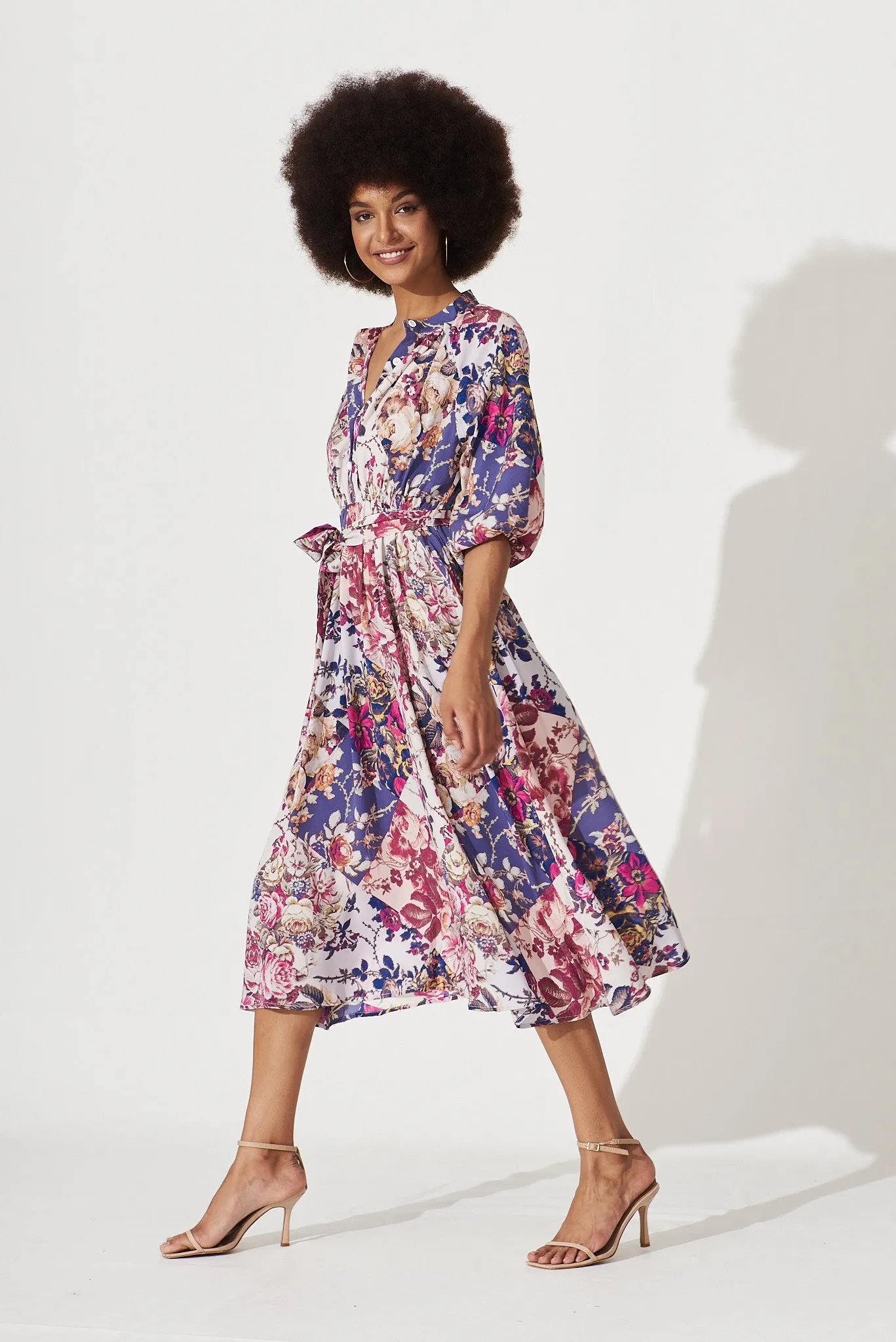 Bilgola Midi Shirt Dress In Lilac Patchwork Floral Print