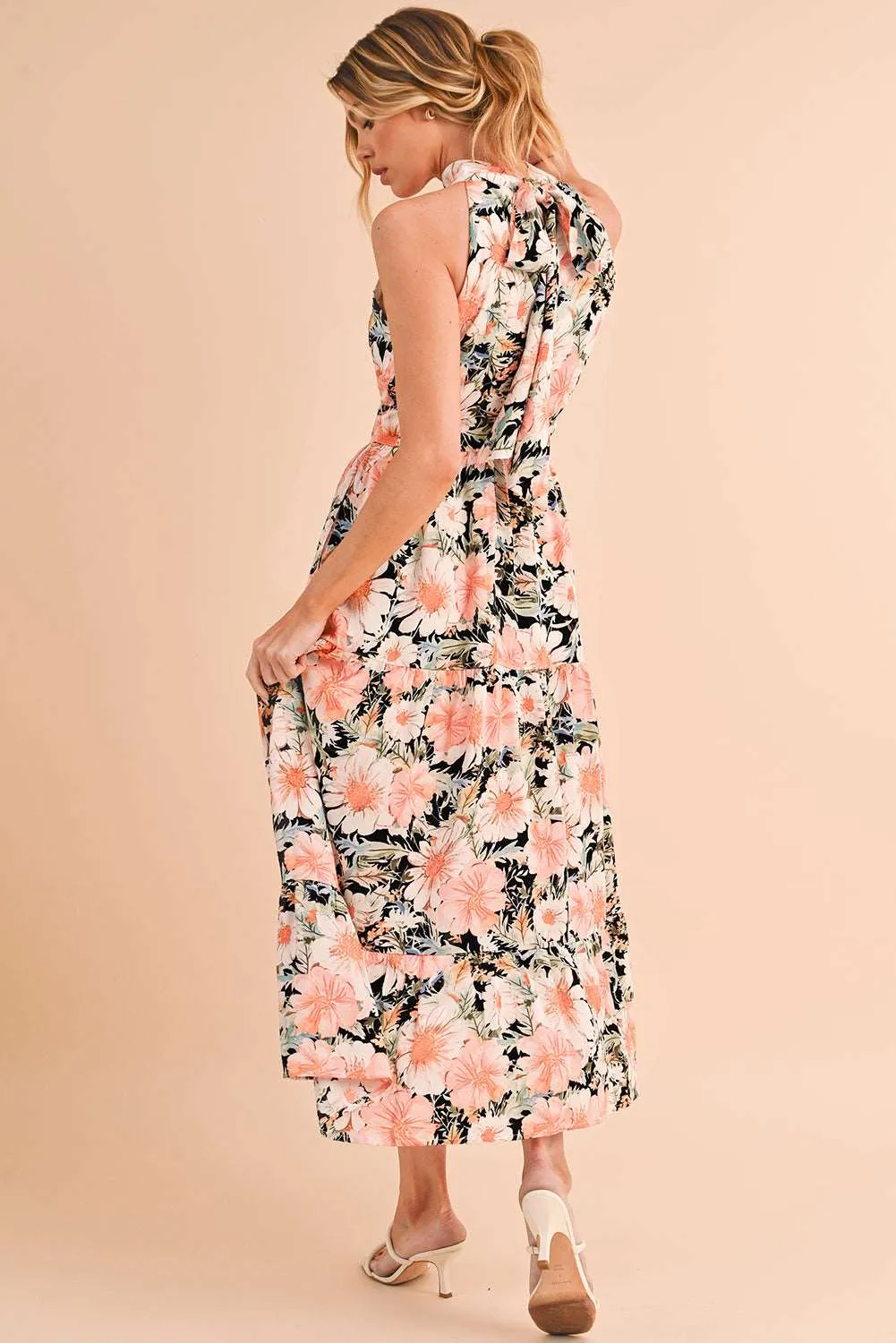 Black Knotted Halter Floral Print Ruffle Tiered Maxi Dress