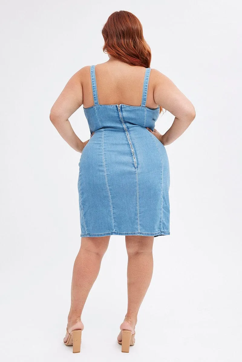 Blue Shoestring Strap Fitted Stretch Denim Mini Dress
