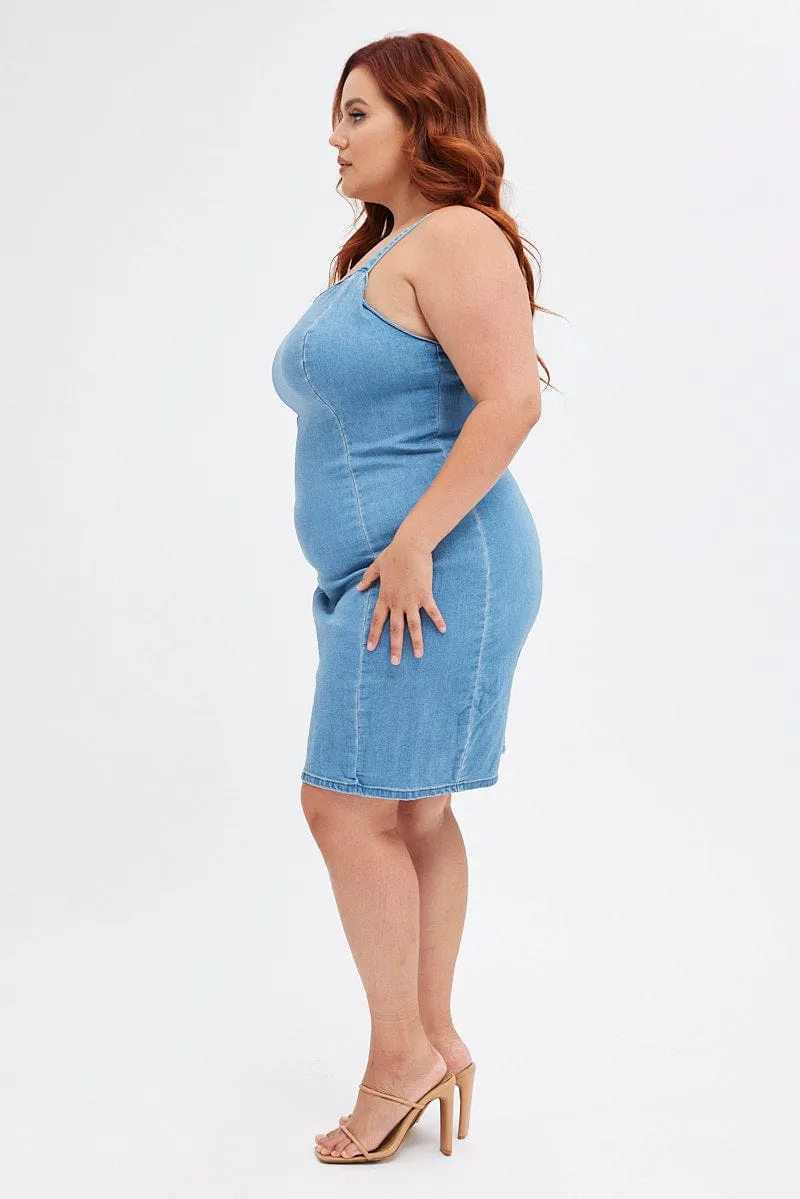Blue Shoestring Strap Fitted Stretch Denim Mini Dress