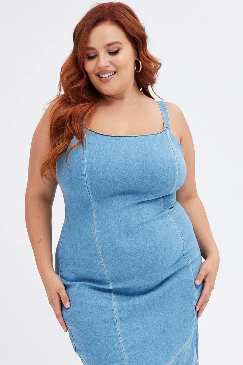 Blue Shoestring Strap Fitted Stretch Denim Mini Dress