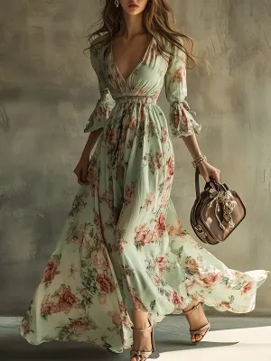 Bohemian Casual Holiday V-neck Floral Maxi Dress