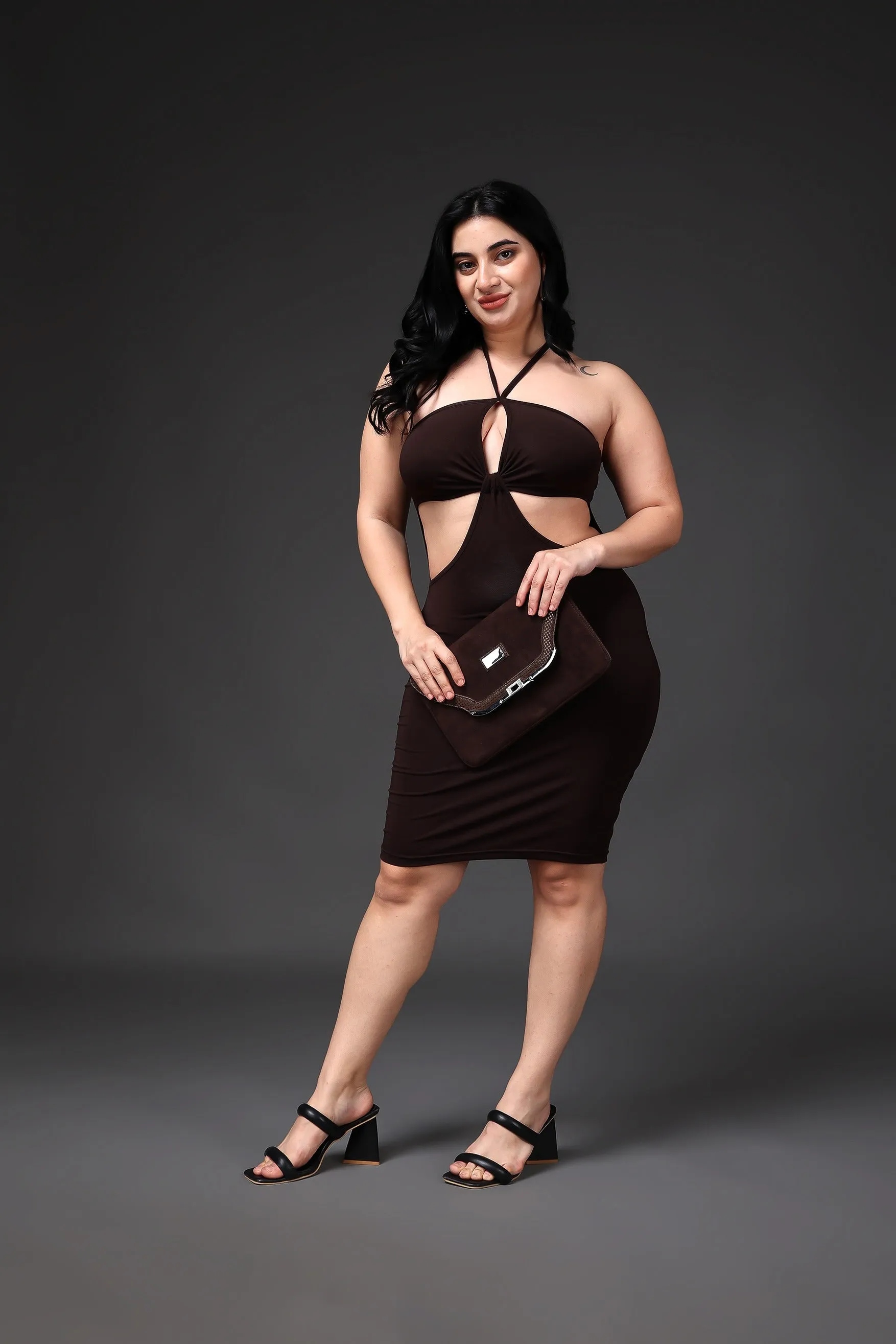 Brown Solid Front Cut Bodycon Dress
