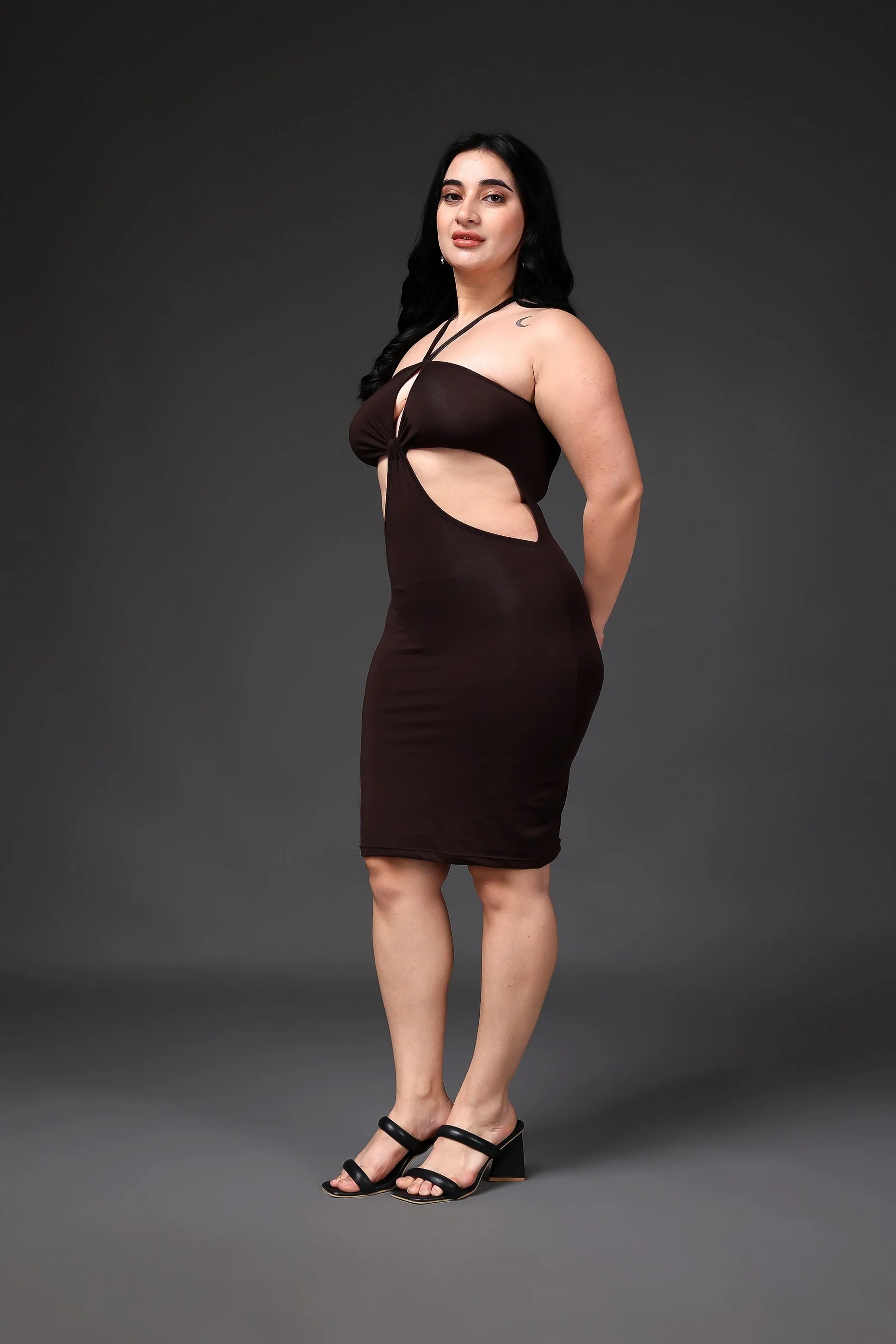 Brown Solid Front Cut Bodycon Dress