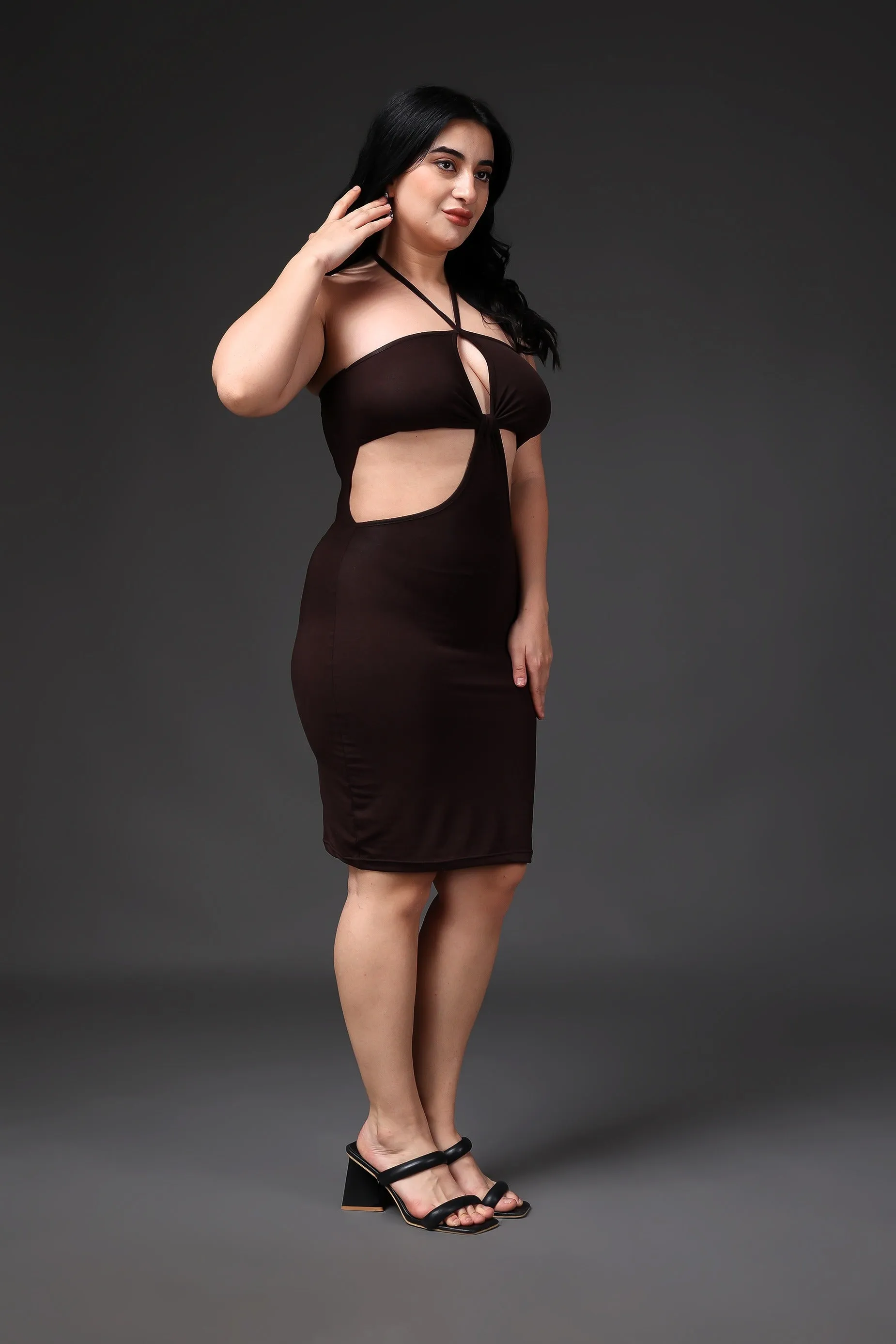 Brown Solid Front Cut Bodycon Dress
