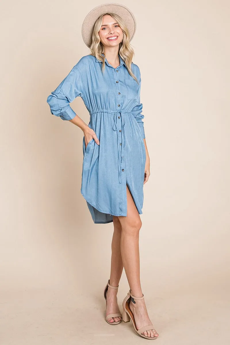 Button Down drawstring Tie waist Chambray Dress