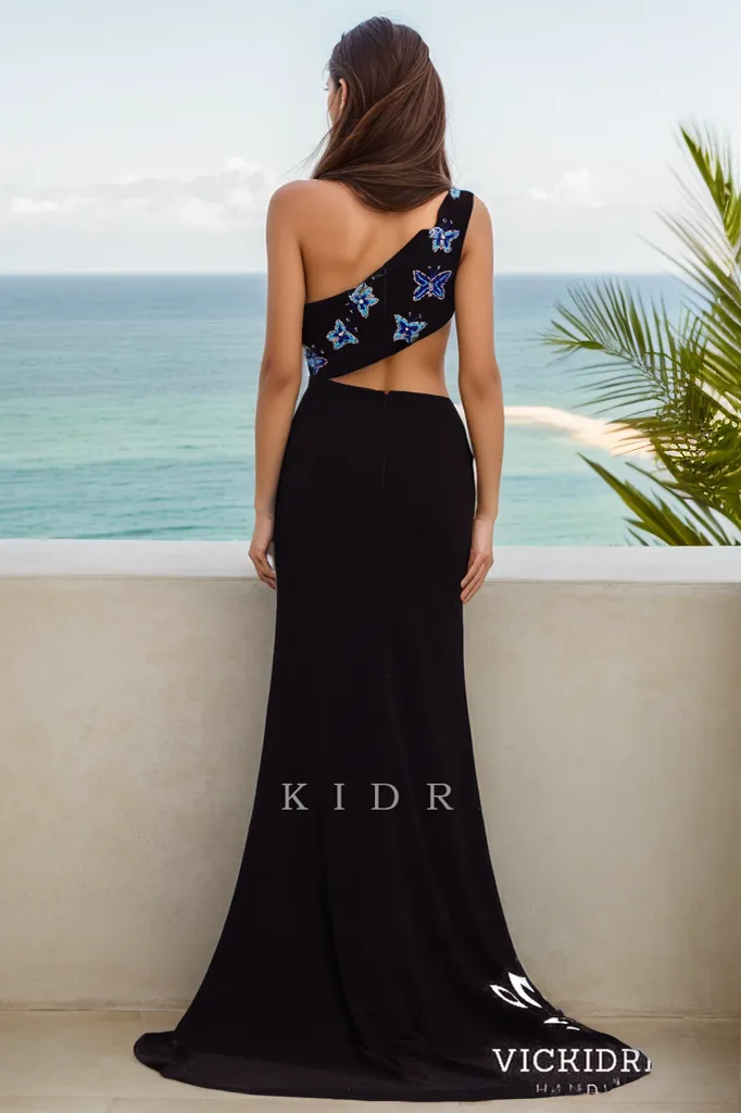 Charming Mermaid One Shoulder Black Elastic Satin Prom Dress with Beaded VK073180