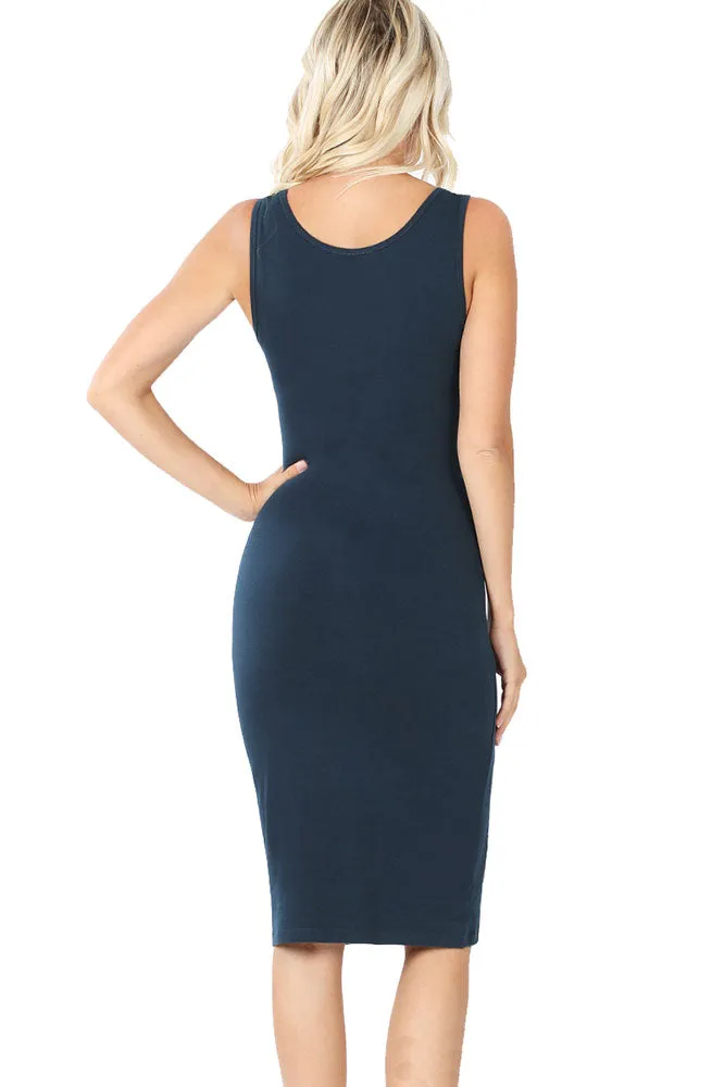 Cotton Sleeveless Bodycon Tank Knee Length Midi Dress