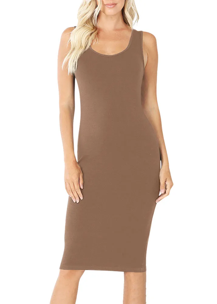 Cotton Sleeveless Bodycon Tank Knee Length Midi Dress