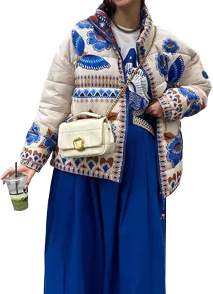 Eisctnd Women's Cropped Puffer Quilted Jacket Cardigan Floral Printed Lightweight Long Sleeve Short Padded Coats