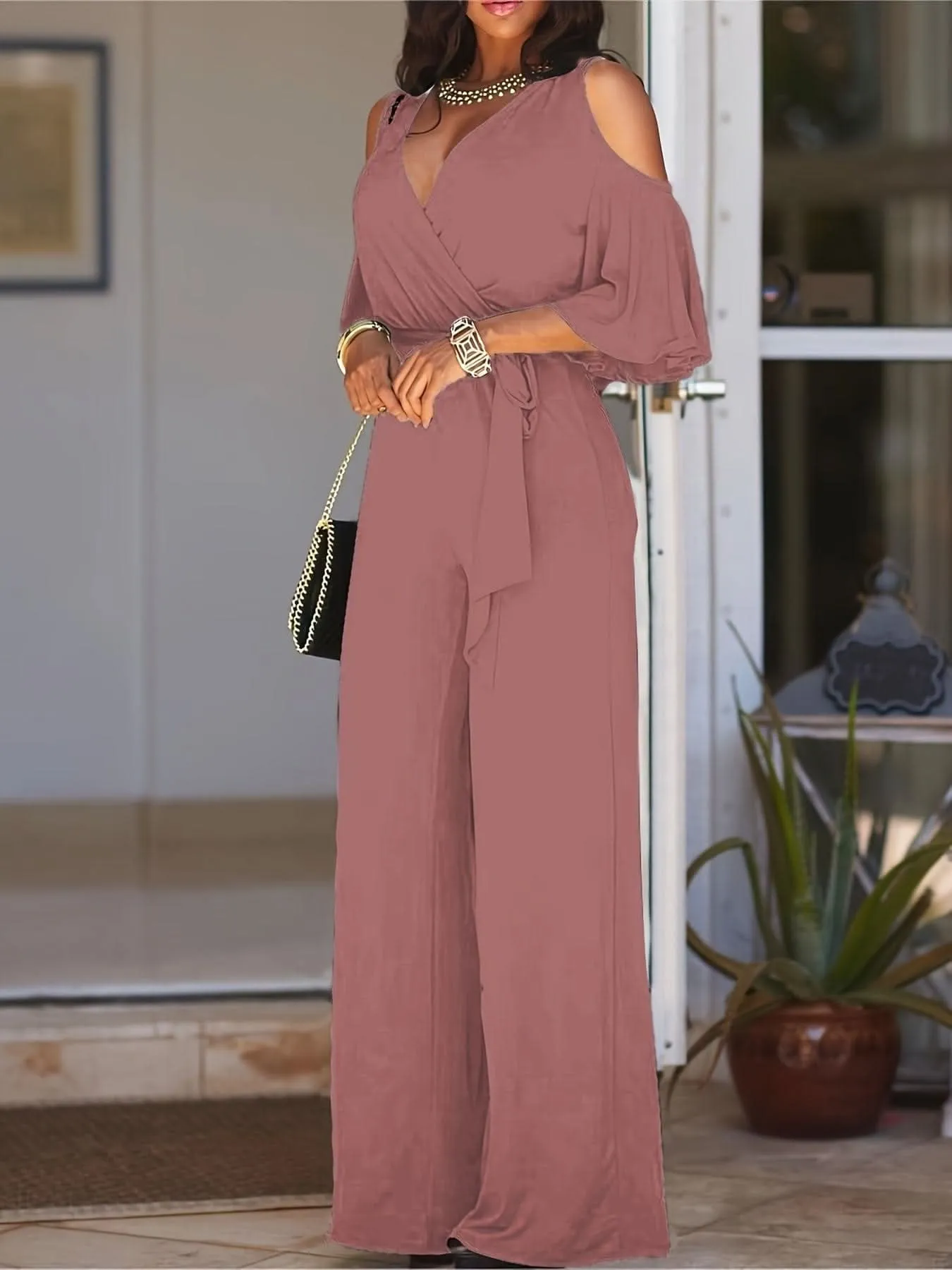 Elegant Cold Shoulder Vneck Jumpsuit