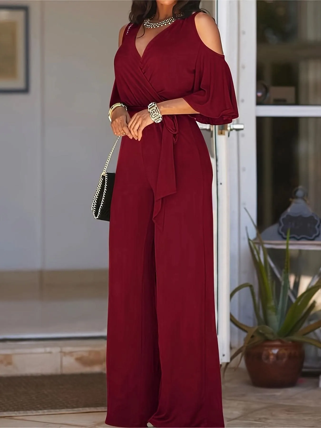 Elegant Cold Shoulder Vneck Jumpsuit