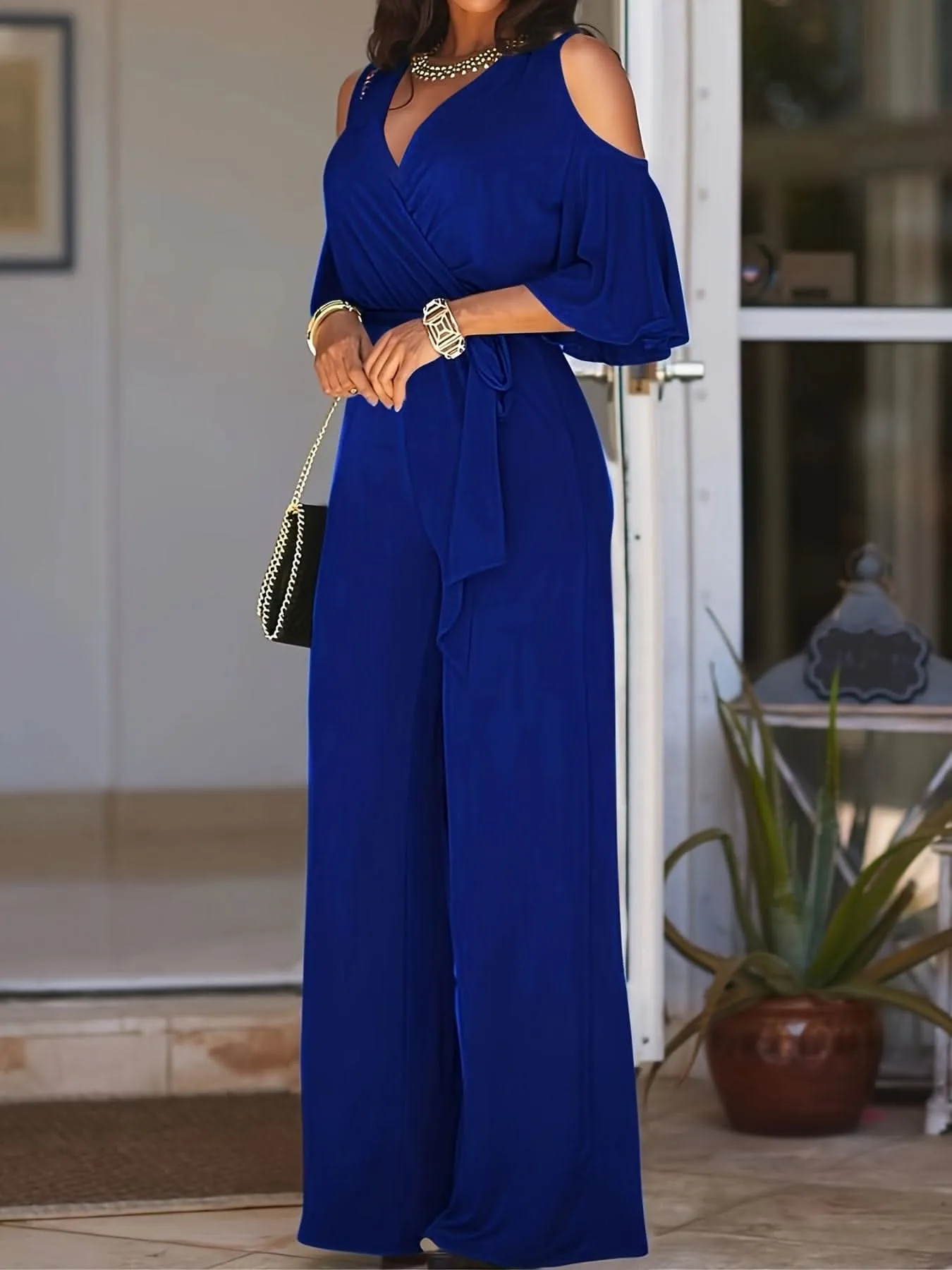 Elegant Cold Shoulder Vneck Jumpsuit