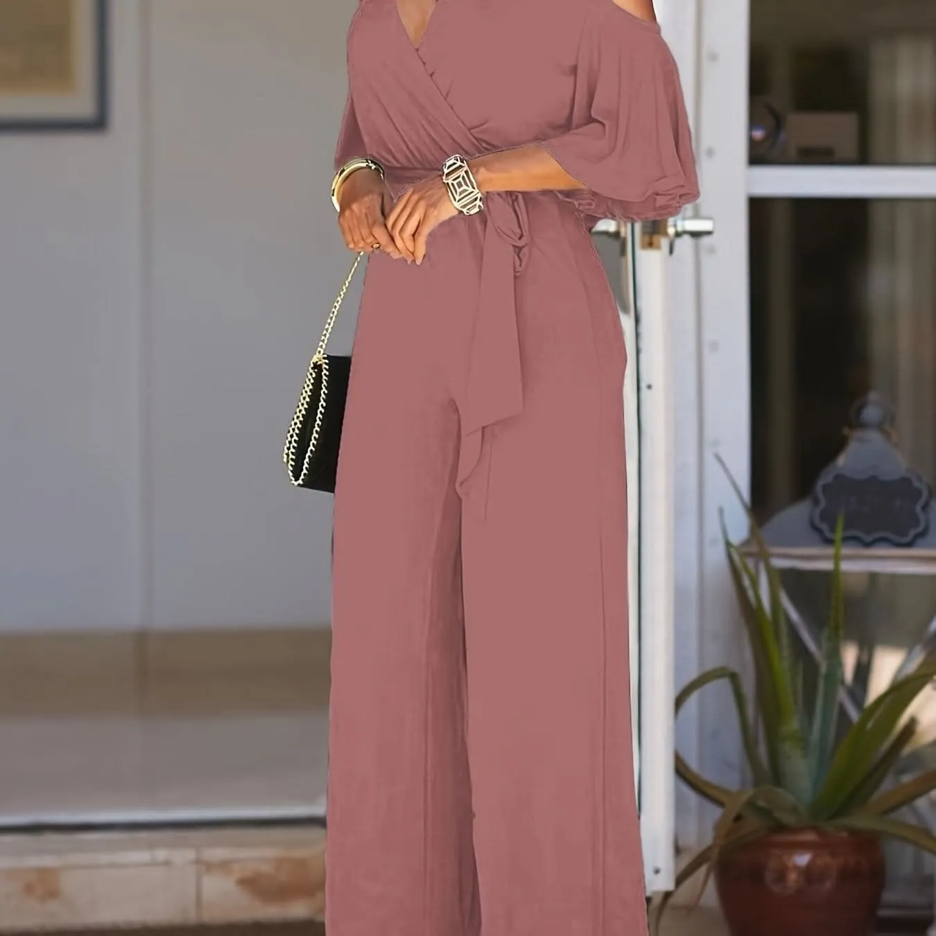 Elegant Cold Shoulder Vneck Jumpsuit