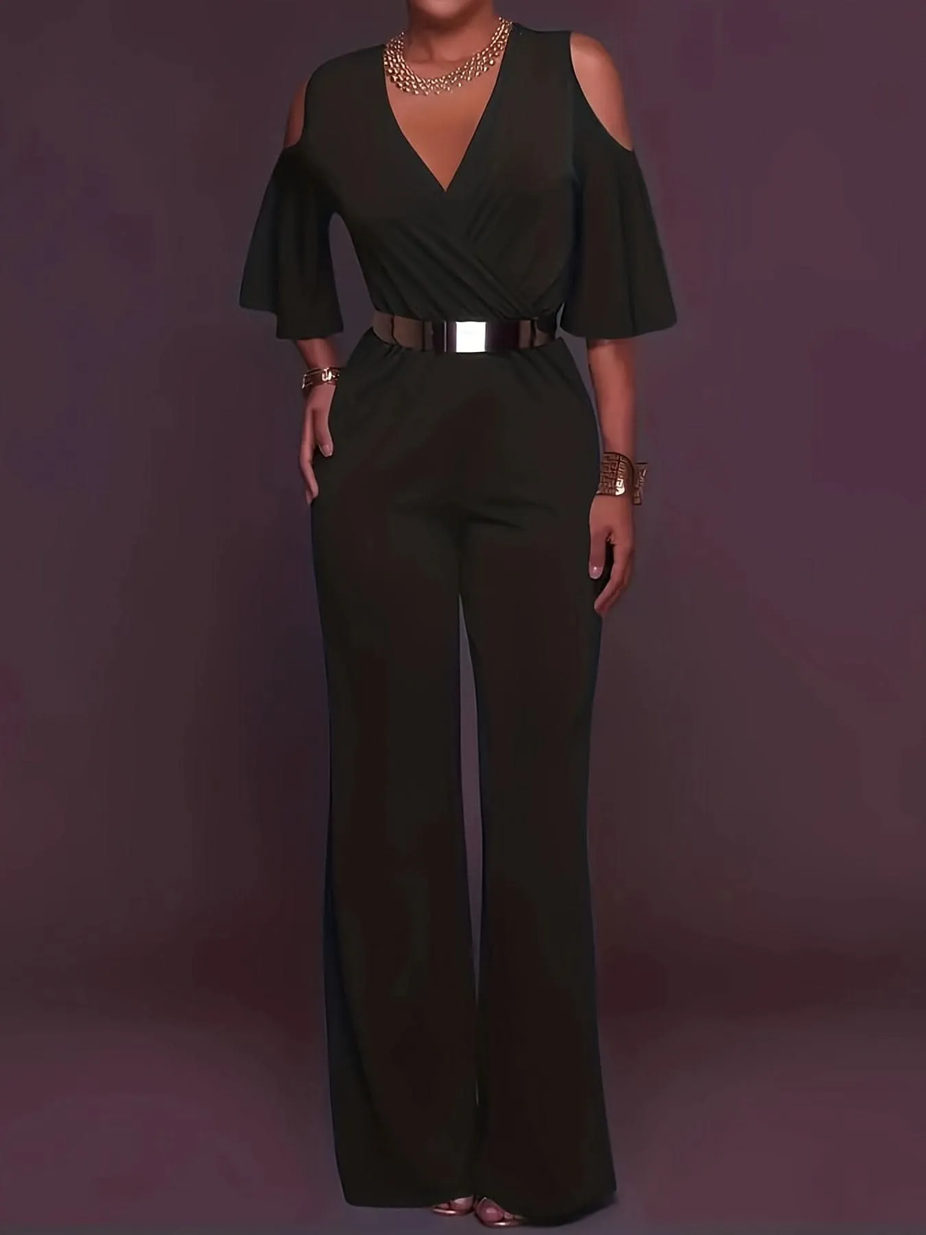 Elegant Cold Shoulder Vneck Jumpsuit