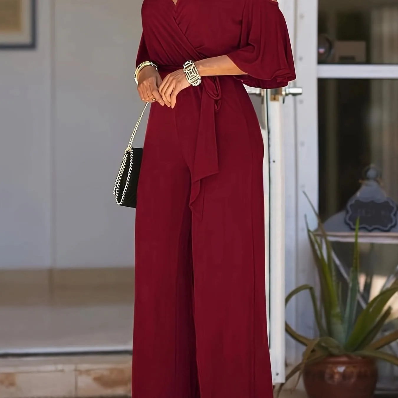 Elegant Cold Shoulder Vneck Jumpsuit