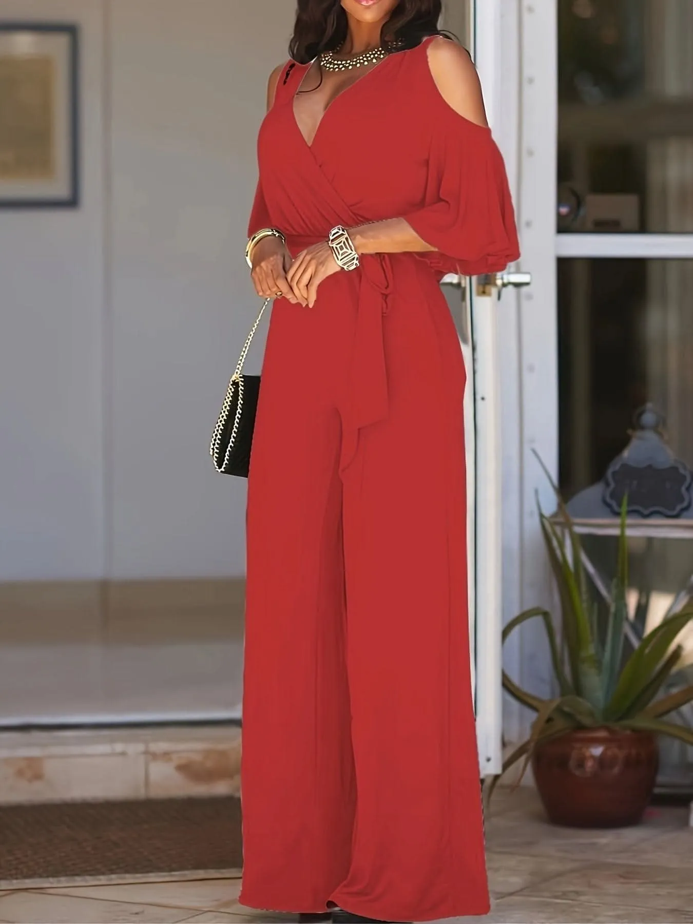 Elegant Cold Shoulder Vneck Jumpsuit