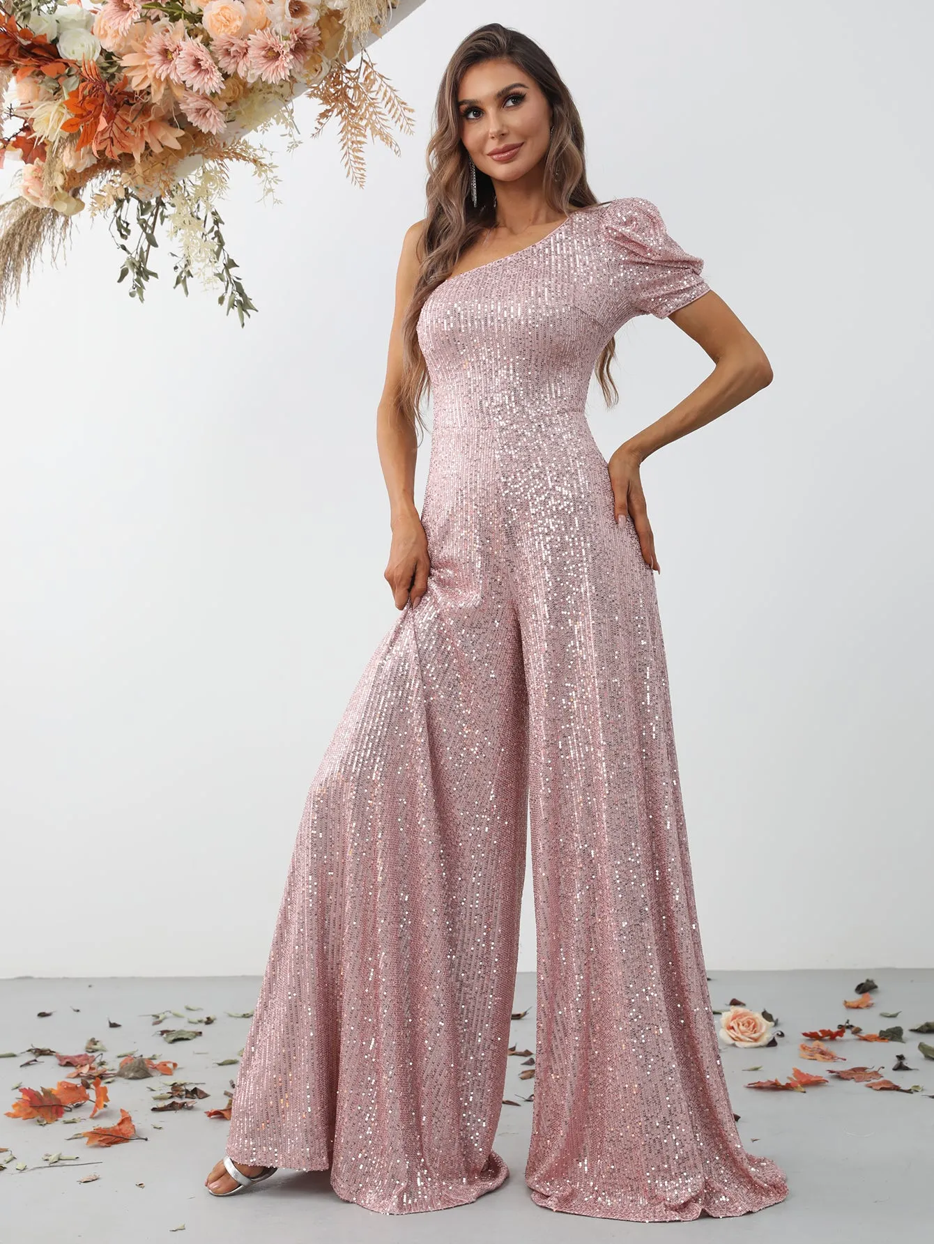 Elegant One Shoulder Short Sleeve Sequin Jumpsuit