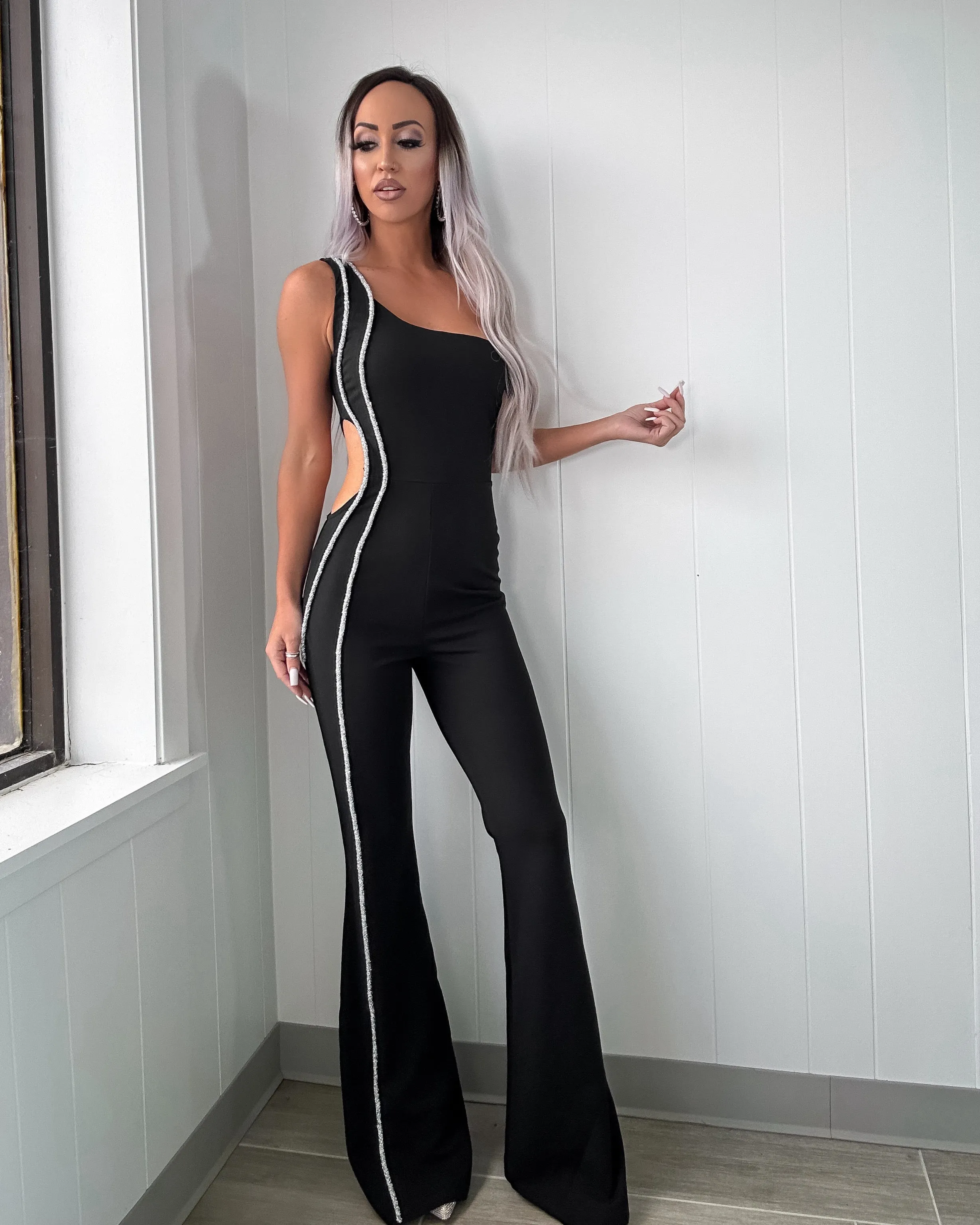 Enchanted One Shoulder Cutout Jumpsuit - Black