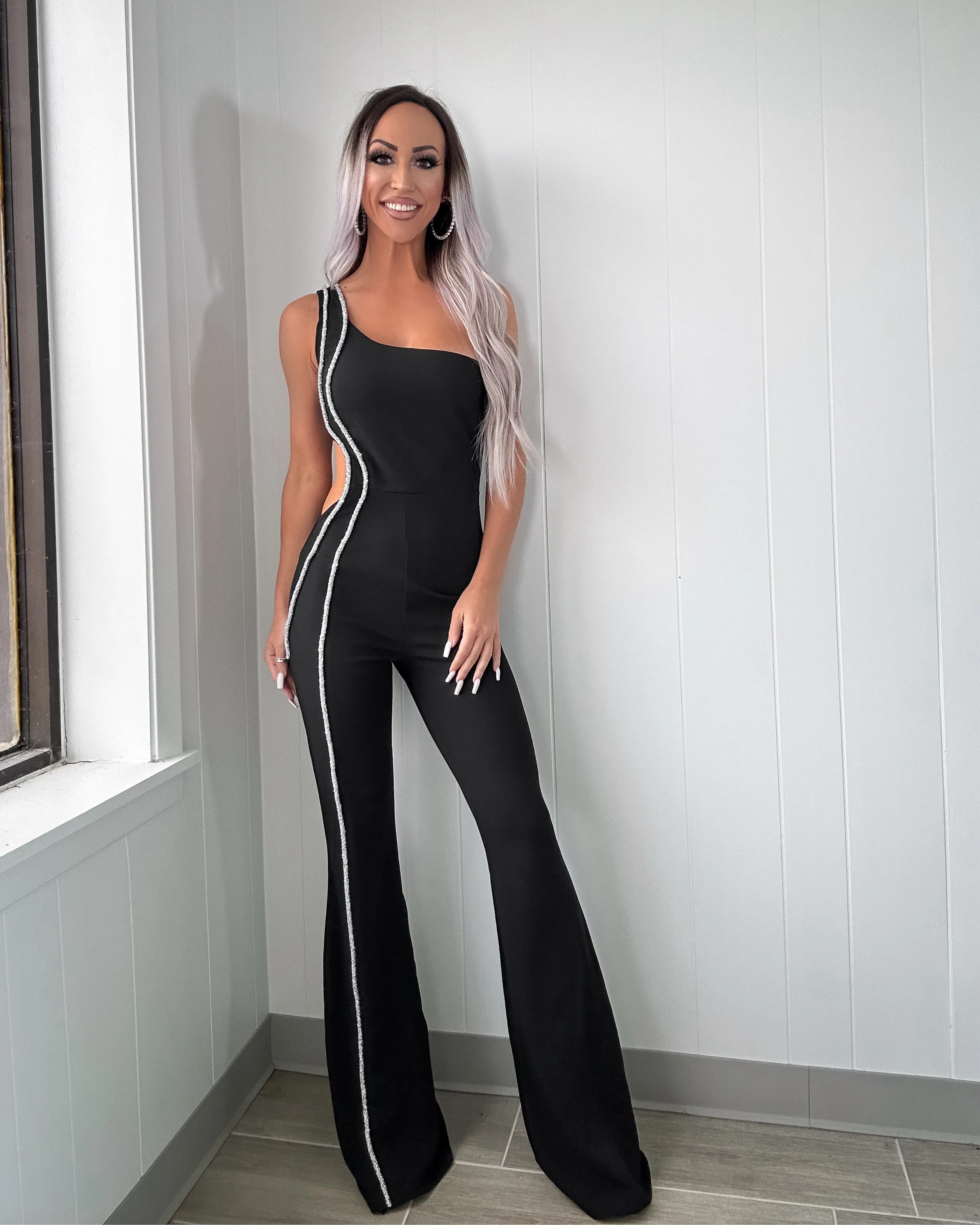 Enchanted One Shoulder Cutout Jumpsuit - Black