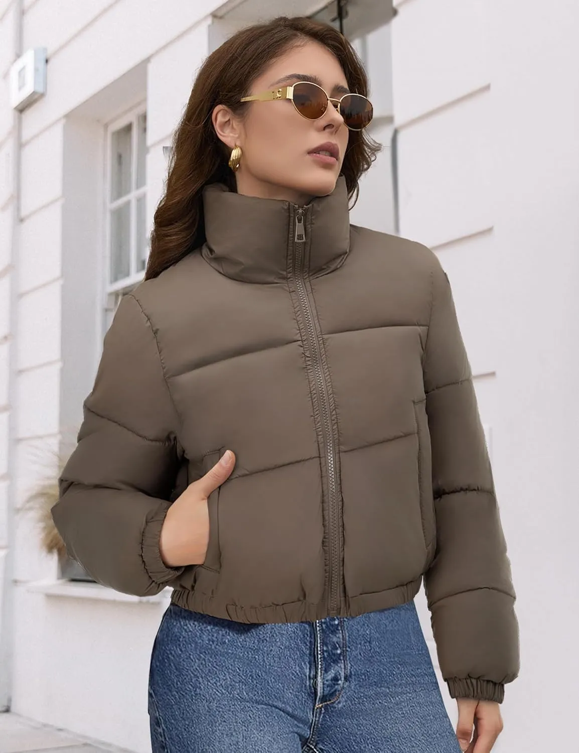 Fengbay Womens Puffer Jacket Long Sleeve Zip Cropped Jacket Short Lightweight Outwear Womens Winter Coats With Pockets