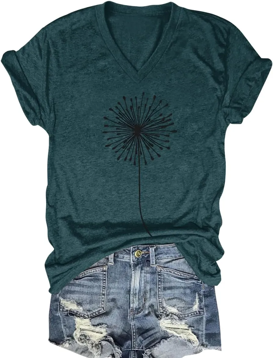 Flower Kindly Shirt for Women Funny Wildflower Plant T-Shirt Bohemian Summer Vacation V Neck Tops