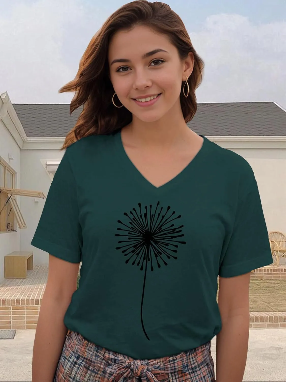 Flower Kindly Shirt for Women Funny Wildflower Plant T-Shirt Bohemian Summer Vacation V Neck Tops