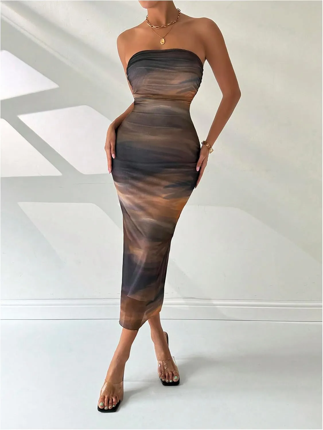 GORGLITTER Women's Mesh Strapless Bodycon Maxi Dress Floral Tube Long Dresses