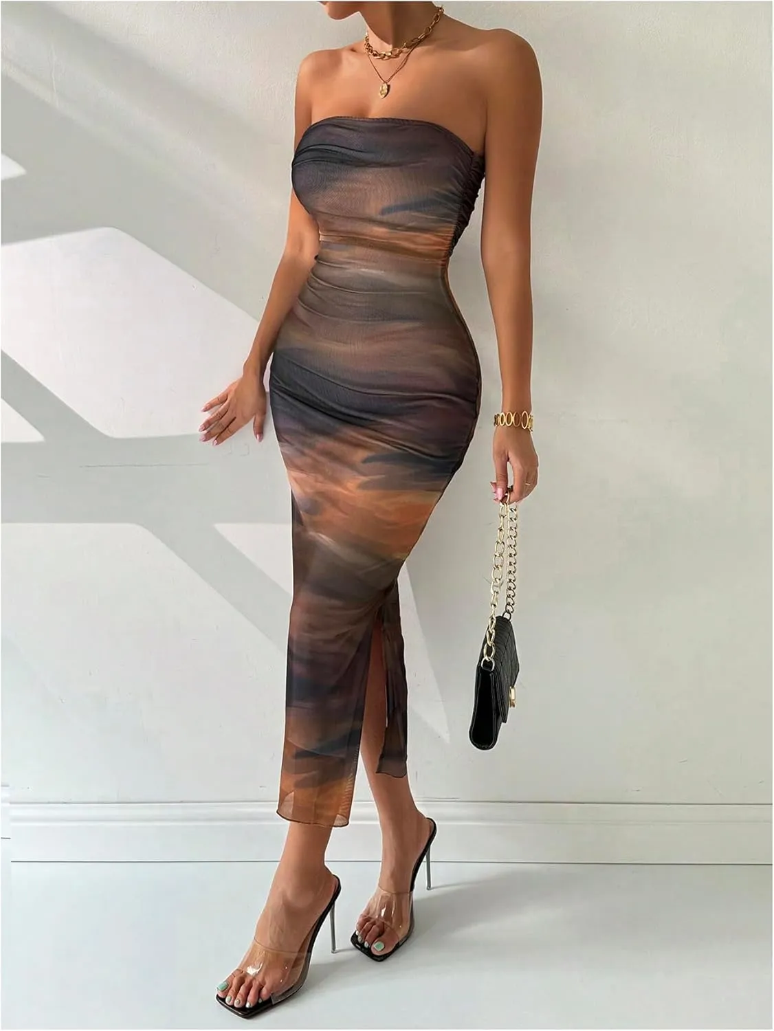 GORGLITTER Women's Mesh Strapless Bodycon Maxi Dress Floral Tube Long Dresses