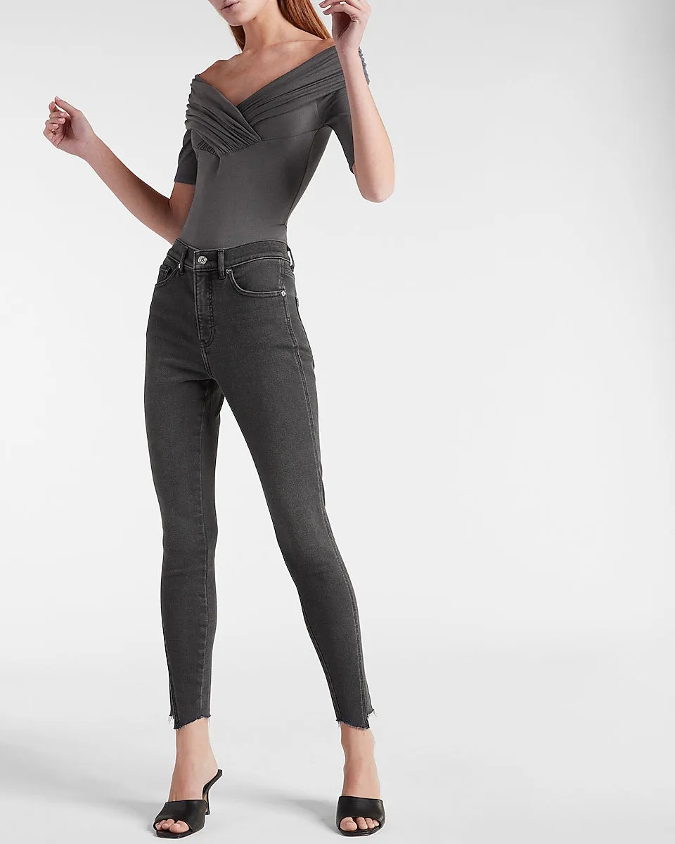 High Waisted Black Detailed Ankle Seam Skinny Jeans in Pitch Black