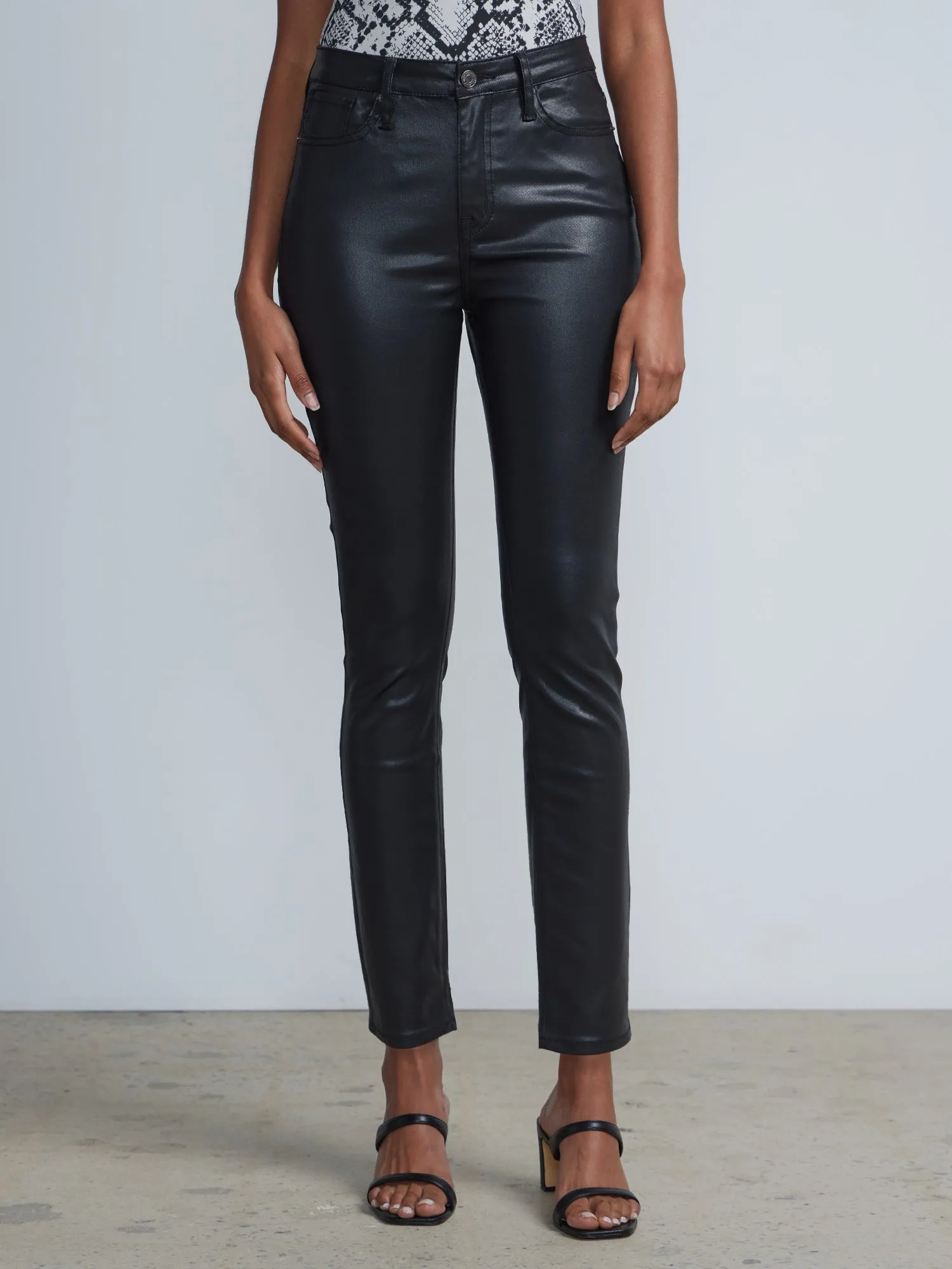 High-Waisted Coated Super-Skinny Jeans - Black