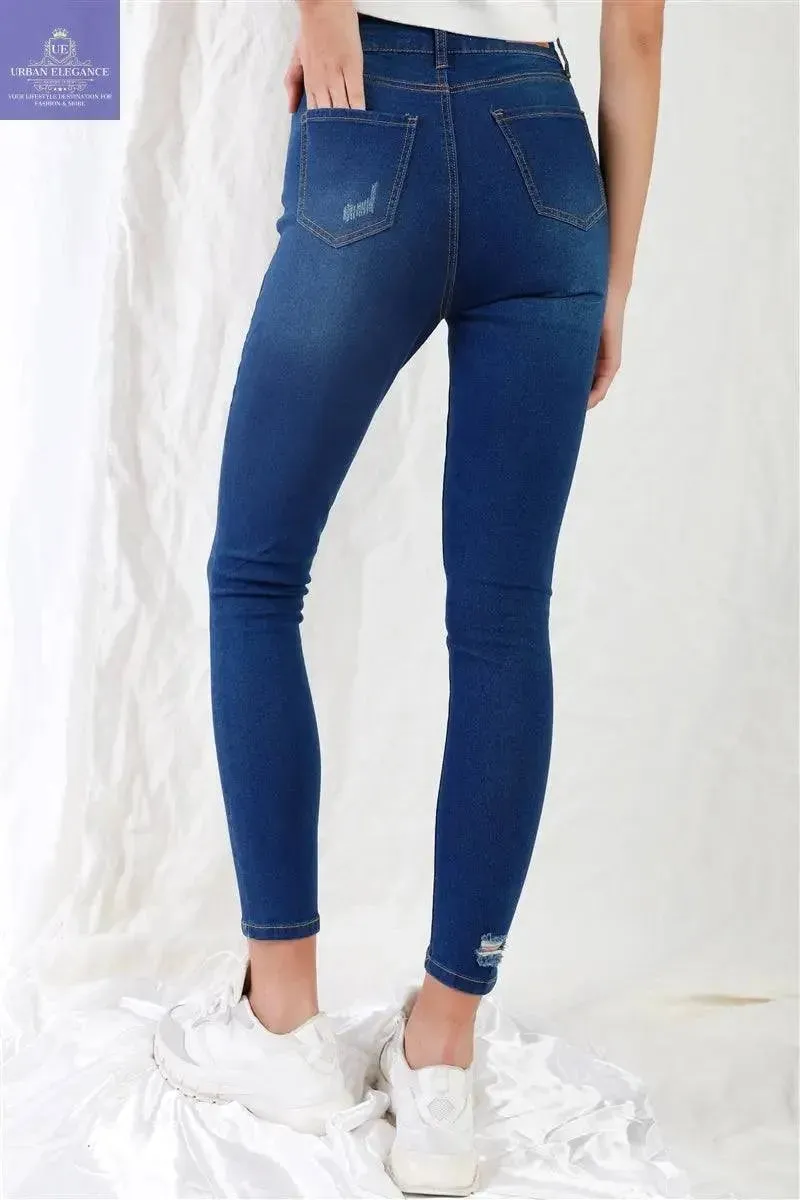 High-waisted Ripped Dark Blue Skinny Jeans
