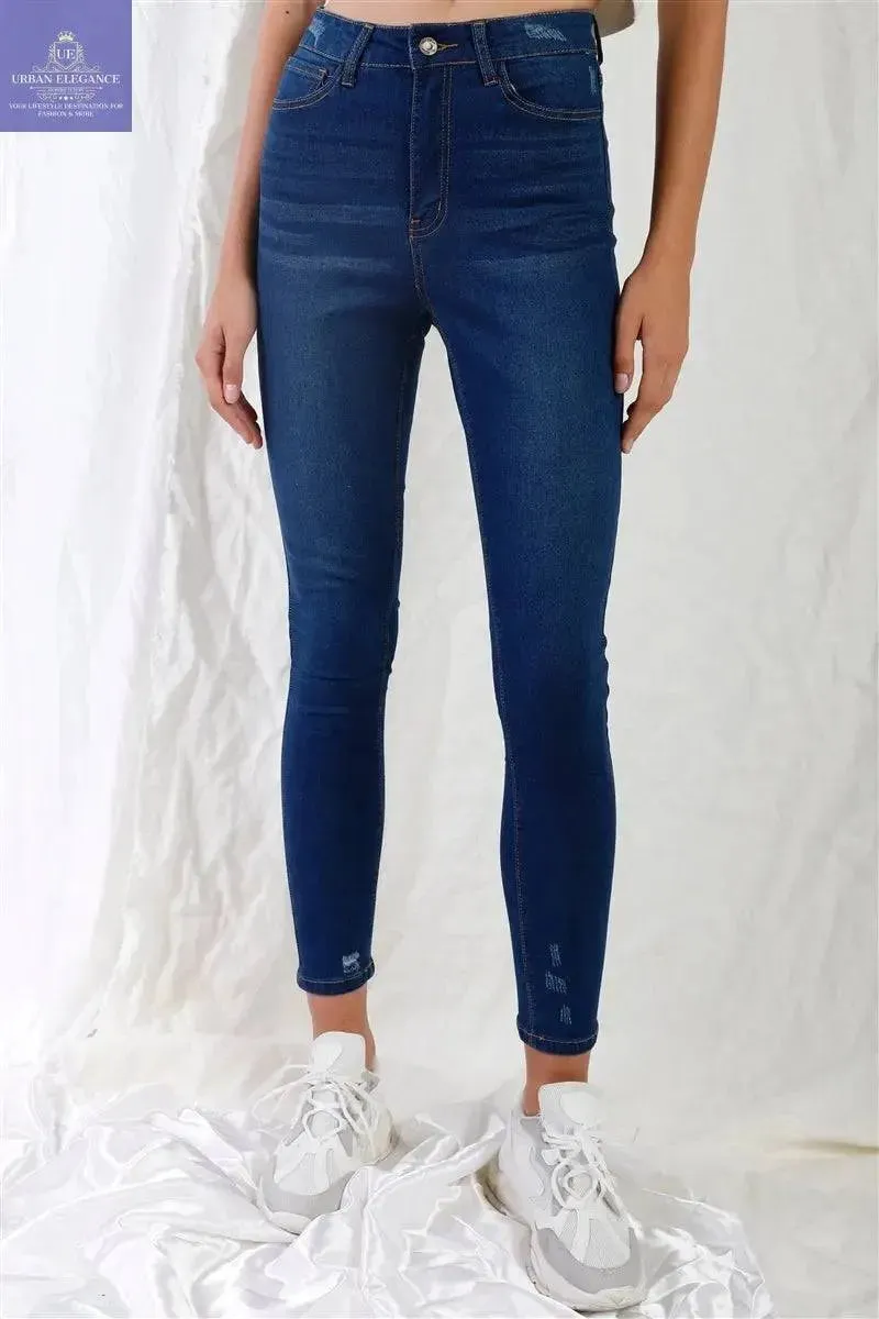 High-waisted Ripped Dark Blue Skinny Jeans