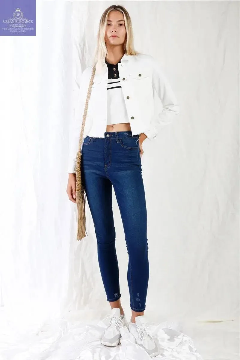 High-waisted Ripped Dark Blue Skinny Jeans