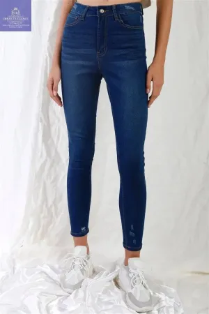 High-waisted Ripped Dark Blue Skinny Jeans