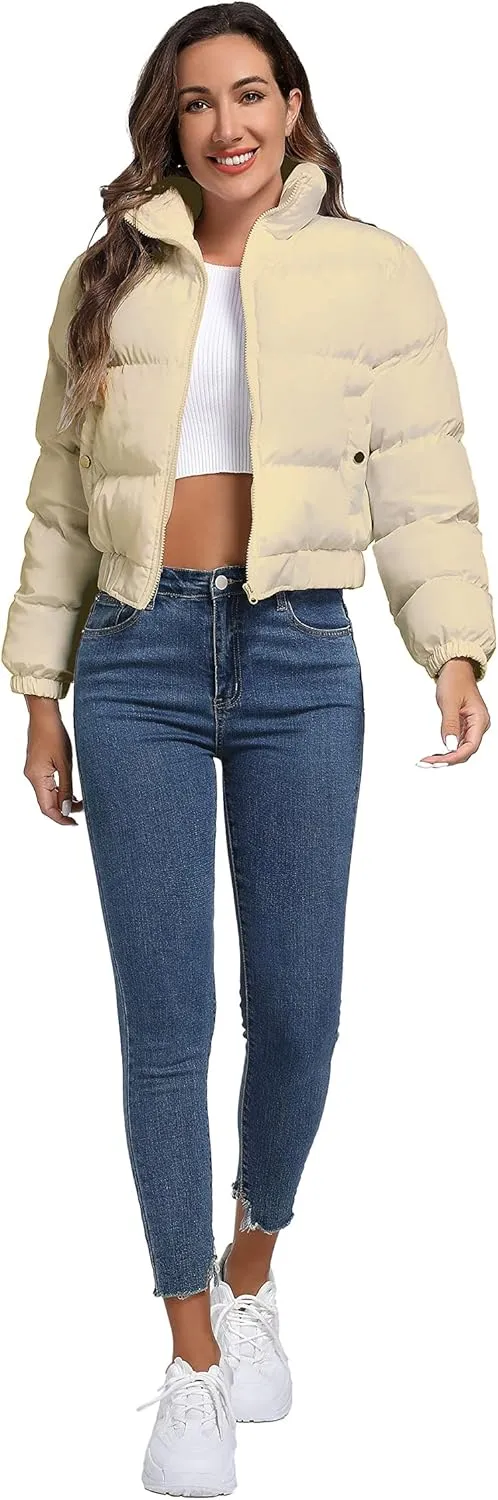 Hujoin Puffer Jacket Womens Casual Long Sleeve Bomber Jacket Full Zip Padded Winter Coat