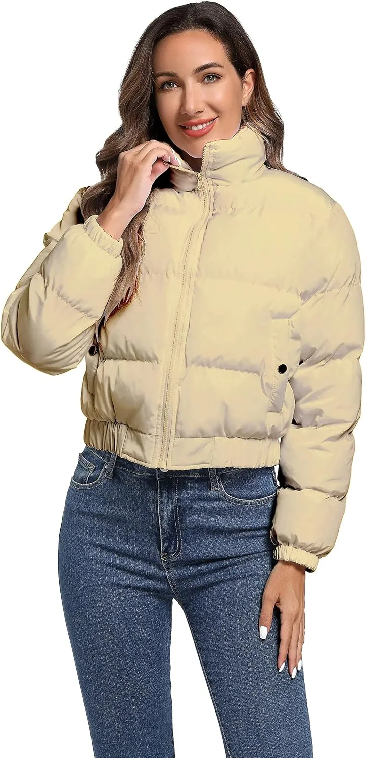 Hujoin Puffer Jacket Womens Casual Long Sleeve Bomber Jacket Full Zip Padded Winter Coat