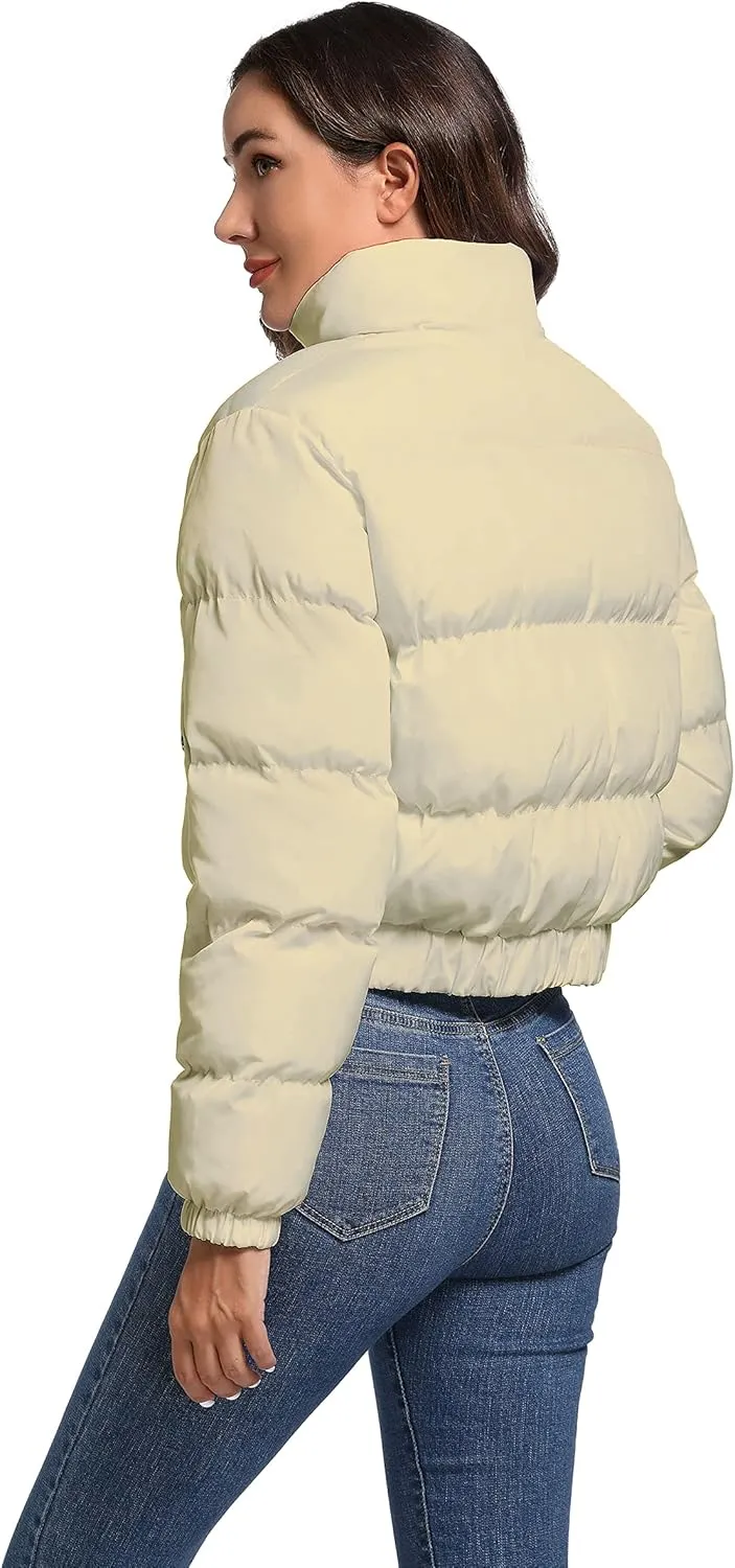 Hujoin Puffer Jacket Womens Casual Long Sleeve Bomber Jacket Full Zip Padded Winter Coat