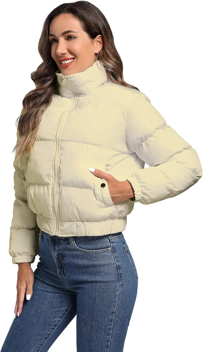 Hujoin Puffer Jacket Womens Casual Long Sleeve Bomber Jacket Full Zip Padded Winter Coat