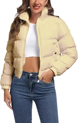 Hujoin Puffer Jacket Womens Casual Long Sleeve Bomber Jacket Full Zip Padded Winter Coat