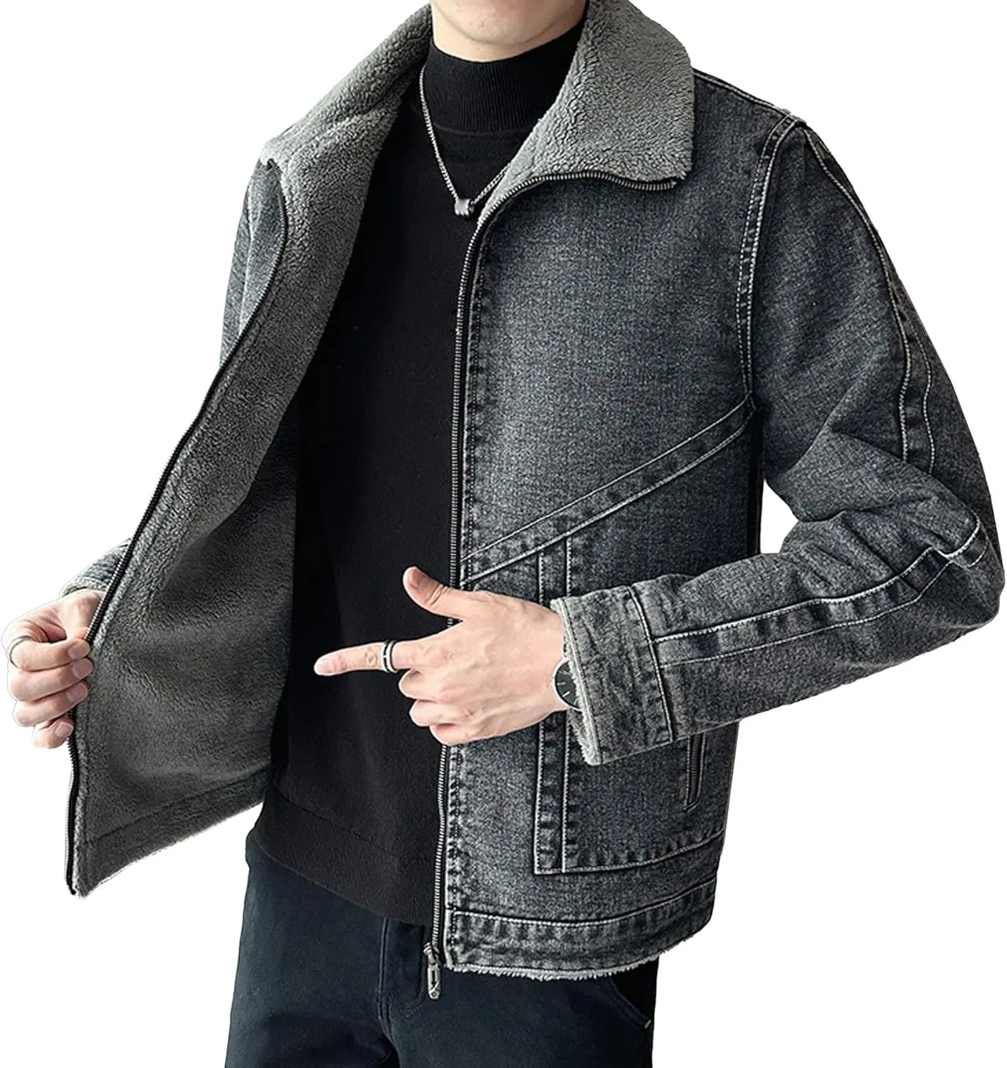 JEKE-DG Men's Full Zip Fall Winter Denim Jacket Lined Warm Vintage Jean Jacket Casual Biker Trucker Jean Coat