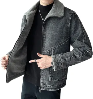 JEKE-DG Men's Full Zip Fall Winter Denim Jacket Lined Warm Vintage Jean Jacket Casual Biker Trucker Jean Coat