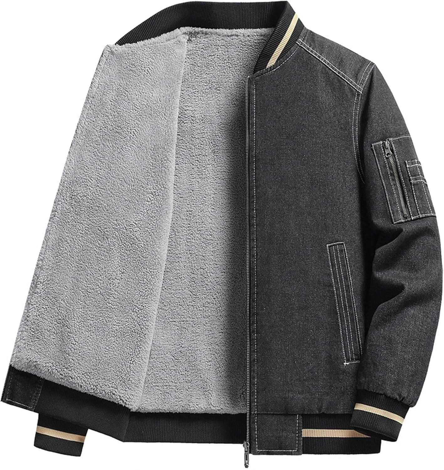 JEKE-DG Men's Stand Collar Lined Denim Jacket Vintage Casual Warm Jean Jacket Windproof Fashion Motorcycle Jean Coat