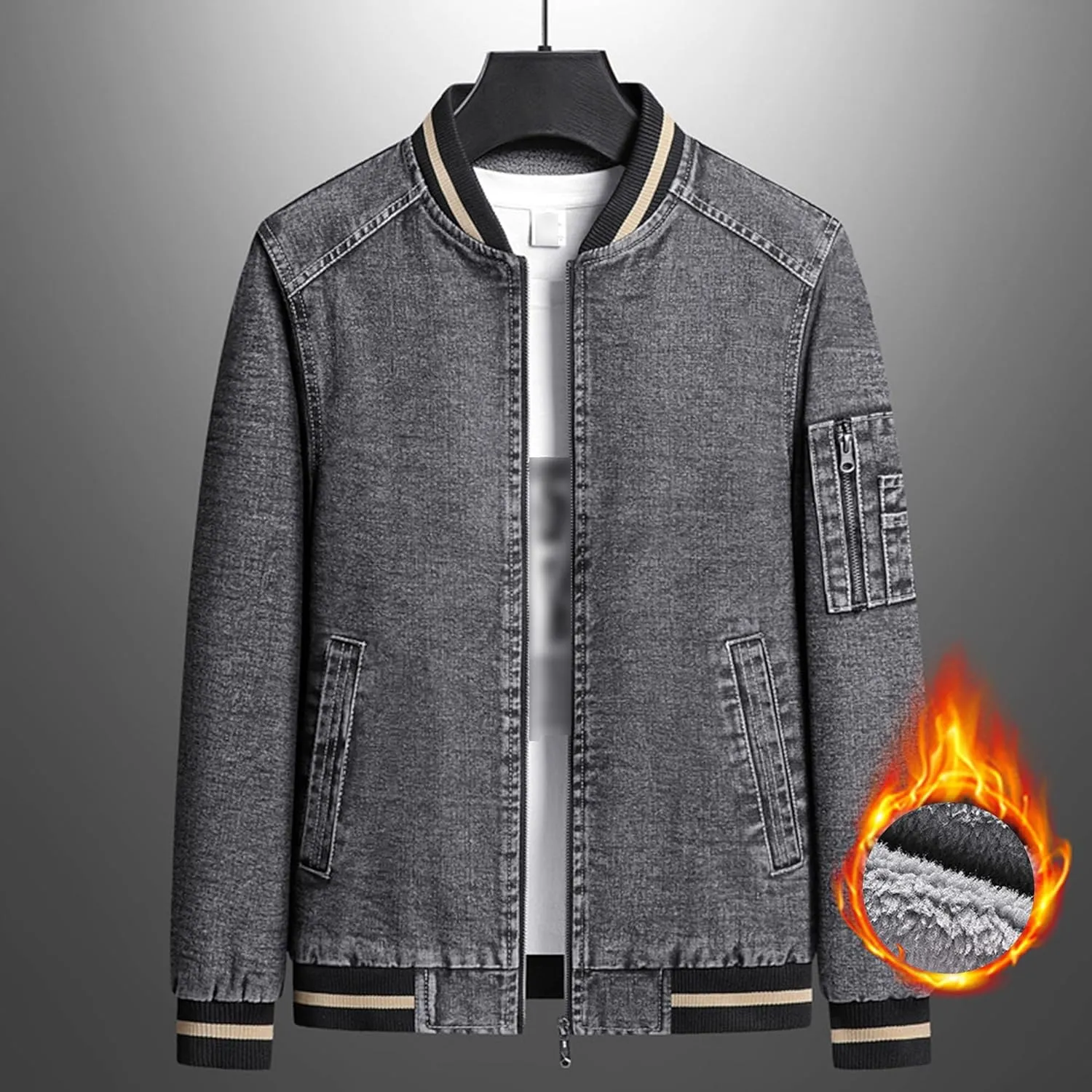JEKE-DG Men's Stand Collar Lined Denim Jacket Vintage Casual Warm Jean Jacket Windproof Fashion Motorcycle Jean Coat