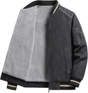 JEKE-DG Men's Stand Collar Lined Denim Jacket Vintage Casual Warm Jean Jacket Windproof Fashion Motorcycle Jean Coat